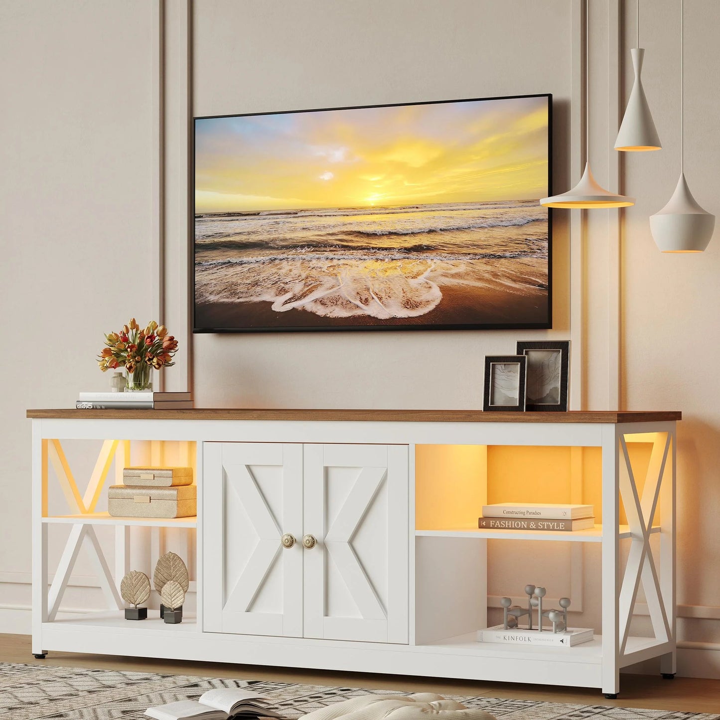 White TV Stand for 65 Inch TV, Modern TV Cabinet with LED Light