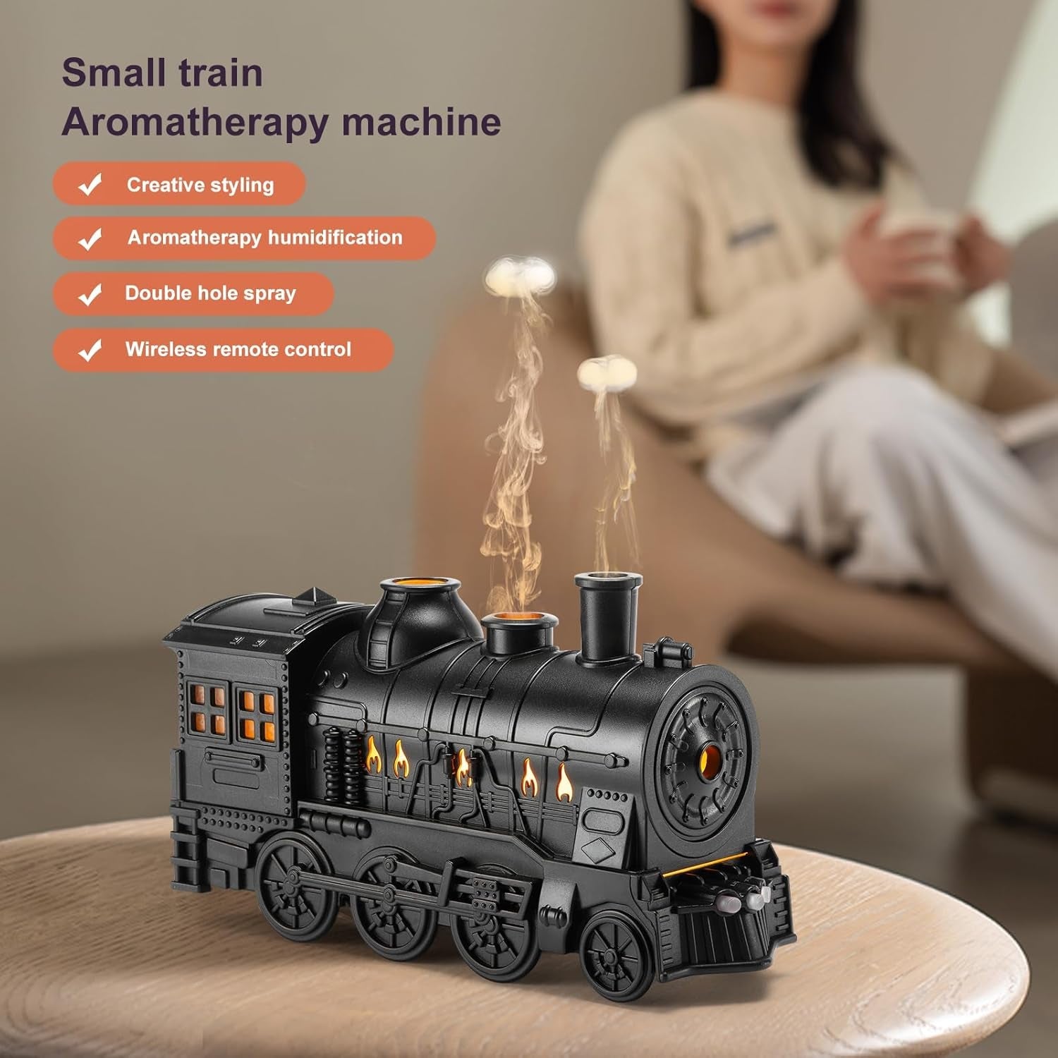 Train Diffuser 300Ml, Aromatherapy Diffuser Cool Mist Ultrasonic Aroma Train Diffuser with Remote Control 2 Light 2 Mist Mode Auto Shut-Off for Bedroom Office Hotel(Black)