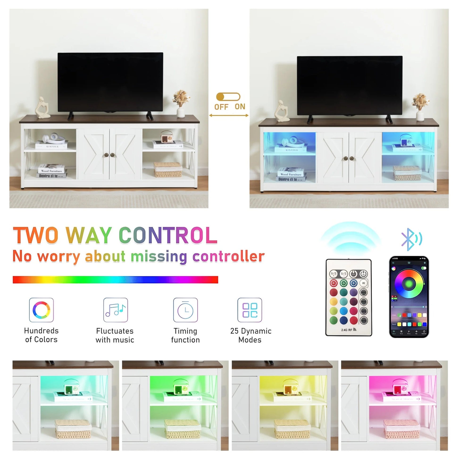 White TV Stand for 65 Inch TV, Modern TV Cabinet with LED Light