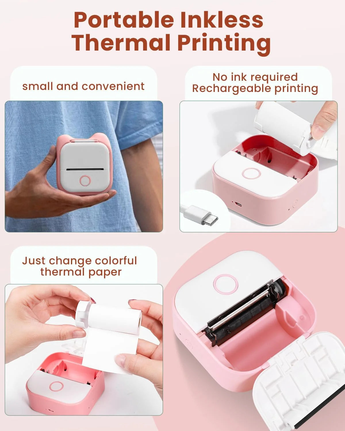 Mini Printer - Sticker Printer T02 Portable Inkless Sticker Maker Bluetooth Mobile Printer for Study Study Notes Kids Gift Photos Journals