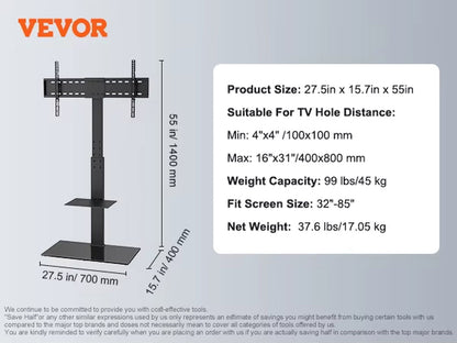 TV Stand Mount Swivel Tall TV Stand for 32-55/ 65/ 85 Inch TV Height Adjustable Portable Floor TV Stand Max VESA 600X800Mm