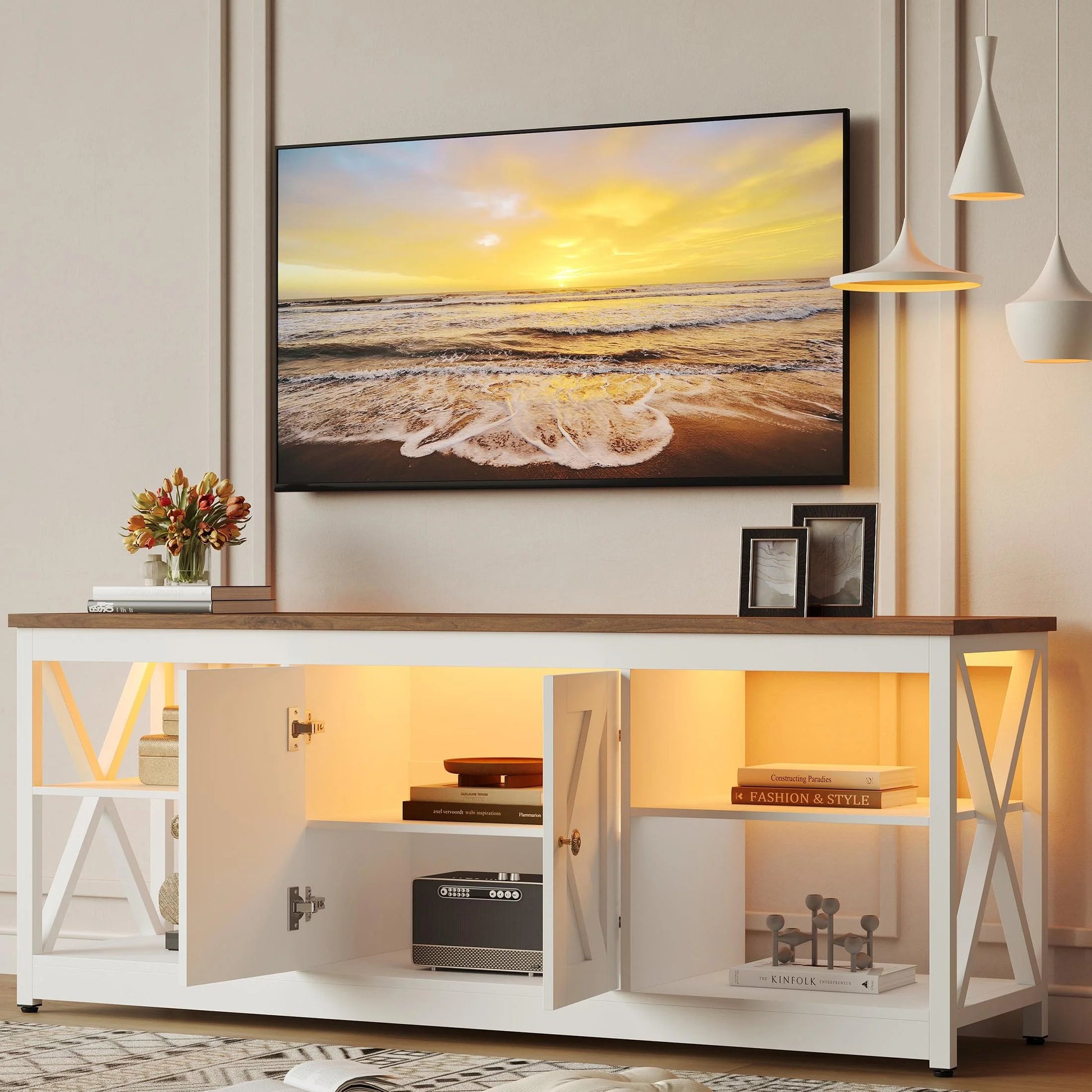 White TV Stand for 65 Inch TV, Modern TV Cabinet with LED Light